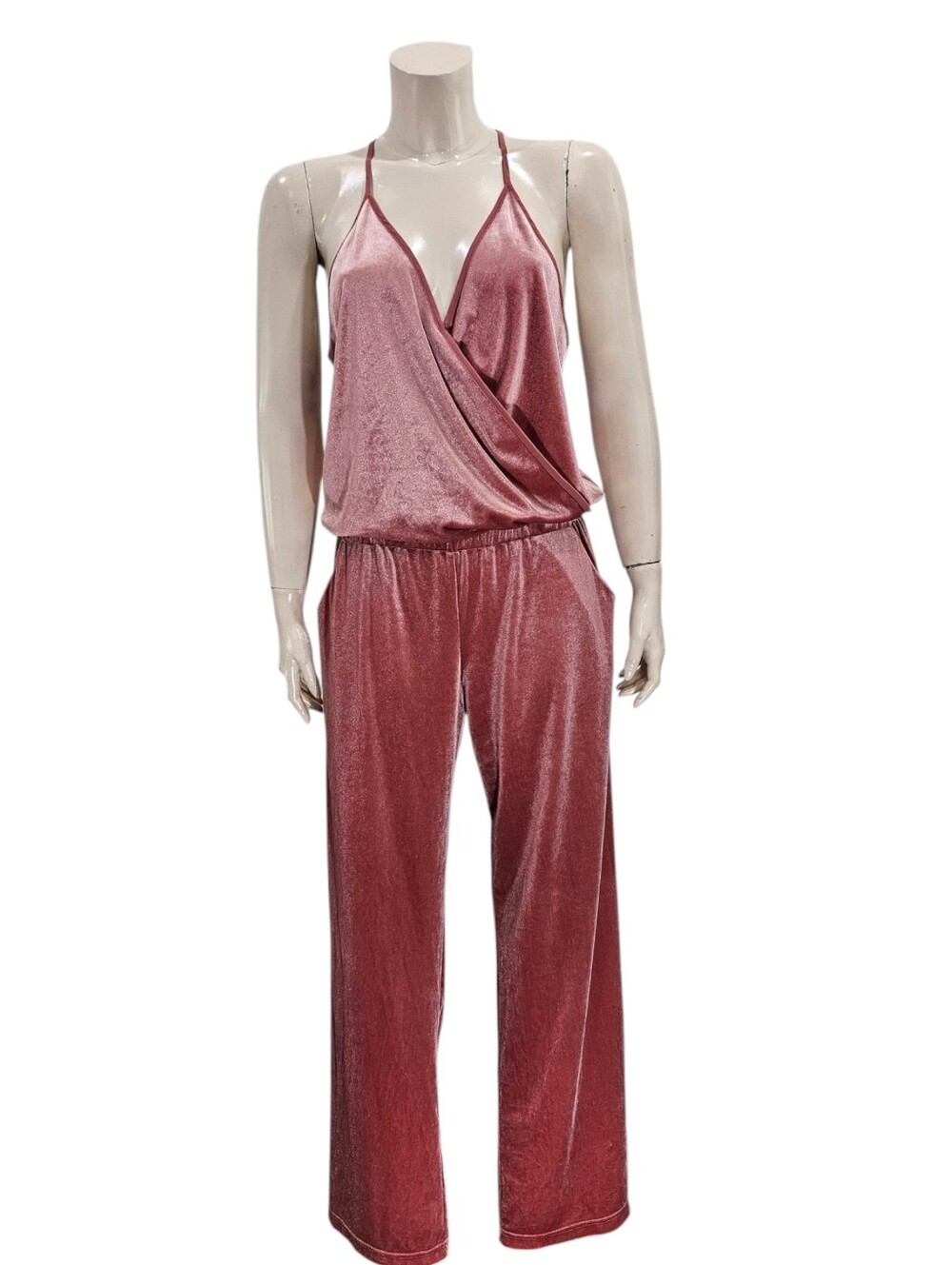 YOUNG FABULOUS & BROKE Dusty Pink Velvet Wrap Style Bodice Wide Leg Jumpsuit L
